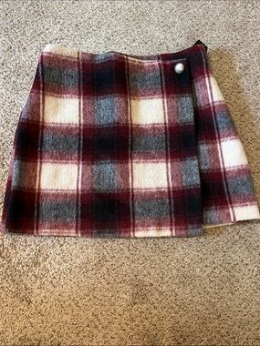 Rachel Zoe Plaid Wrap Mini Skirt in Burgundy, Gray, and Cream